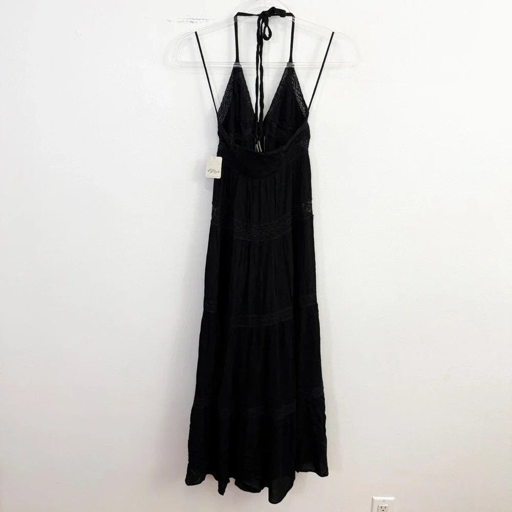 Free People Lorelai Maxi Top Black Open Front Halter Cover Up XS NWT